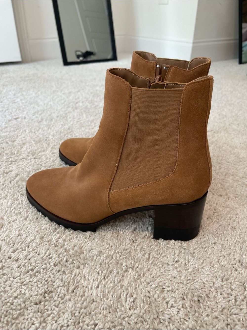 Vaneli Tan Suede Ankle Boots with Block Heel